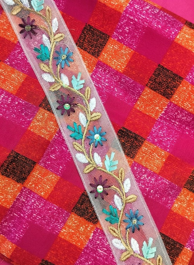 DaSync قماش دانتيل أبيض مطرز، مناسب للساري، الدوباتا، الشوني، مزين بالزهور، مناسب للبلوزة، الفستان، والعباءة. طوله 9 أمتار، وهو متعدد الألوان، مزين بالزهور. - Image 2